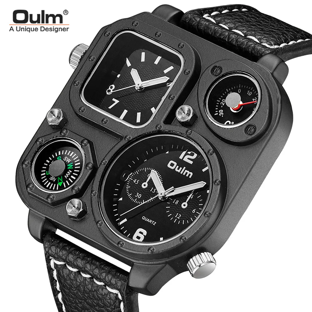 

Brand Oulm Watch Men Quartz Relojes Sports Leather Strap Fashion Male Relogio Military Wristwatch Compass Thermometer Clock