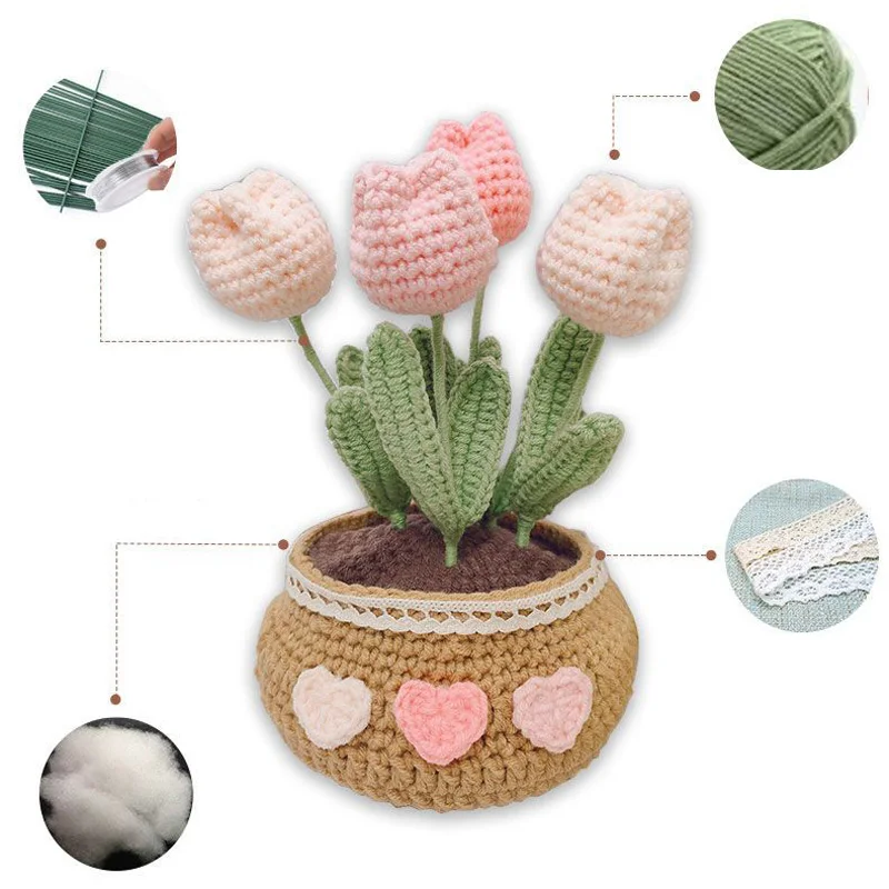 Flower Crochet Knitting Kit Tulip Sunflower Daisy Lily Floral Wool Yarn Thread Cord Crochet Material Kit Beginner Starter Set crochet kit