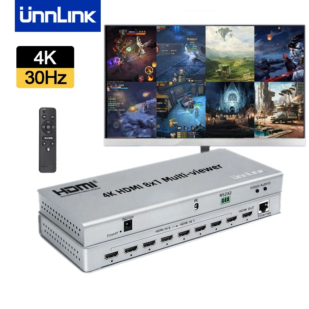 

Unnlink Multi-Viewer 8X1 Switcher 4K 30Hz Switch Converter with Remoter 8 Input 1 Output