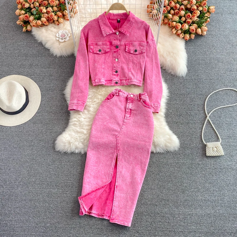 

Pink Denim Two-piece Short Jacket Women's Loose Jacket+Medium Length High Waist Wrap Hip Front-split skirts Fashion Women Sets