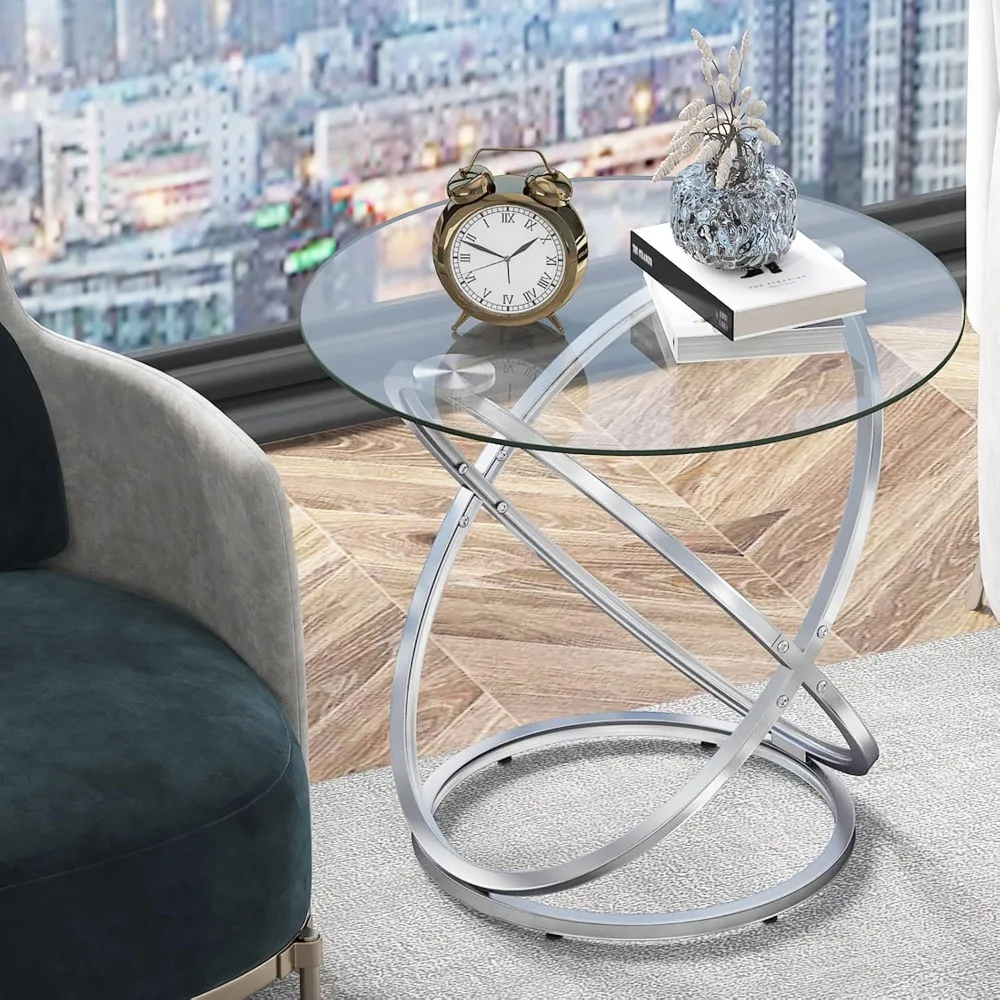 Glass Round End Table, Modern Contemporary Side Table for Small Space with Tempered Glass Tabletop For Living Room,
