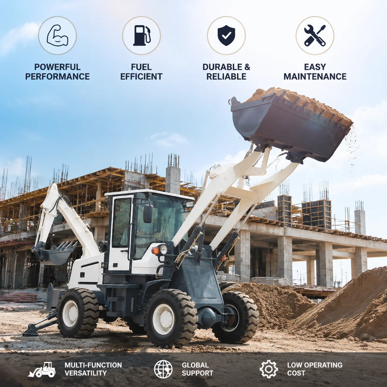 Energiesparende Anbaugeräte für Baggerlader, Baggerlader-Traktor mit Frontlader und Heckbagger