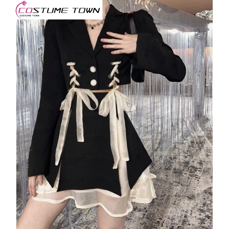 2023 Spring/Summer New Bow Tie Strap Open Waist Suit Coat Mesh Ribbon Unique Half Skirt Two Piece Set for Women