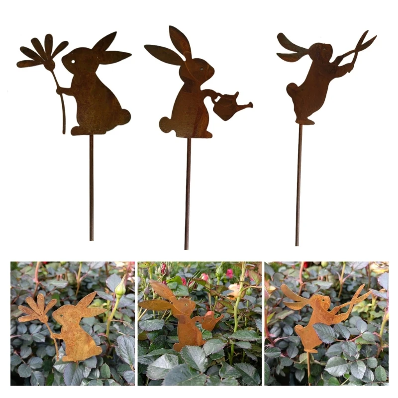 Easter Rabbit Yard Stake Outdoor Metal Garden Stake Statue Decors Yard Sign Decorations animal sculpture decorations