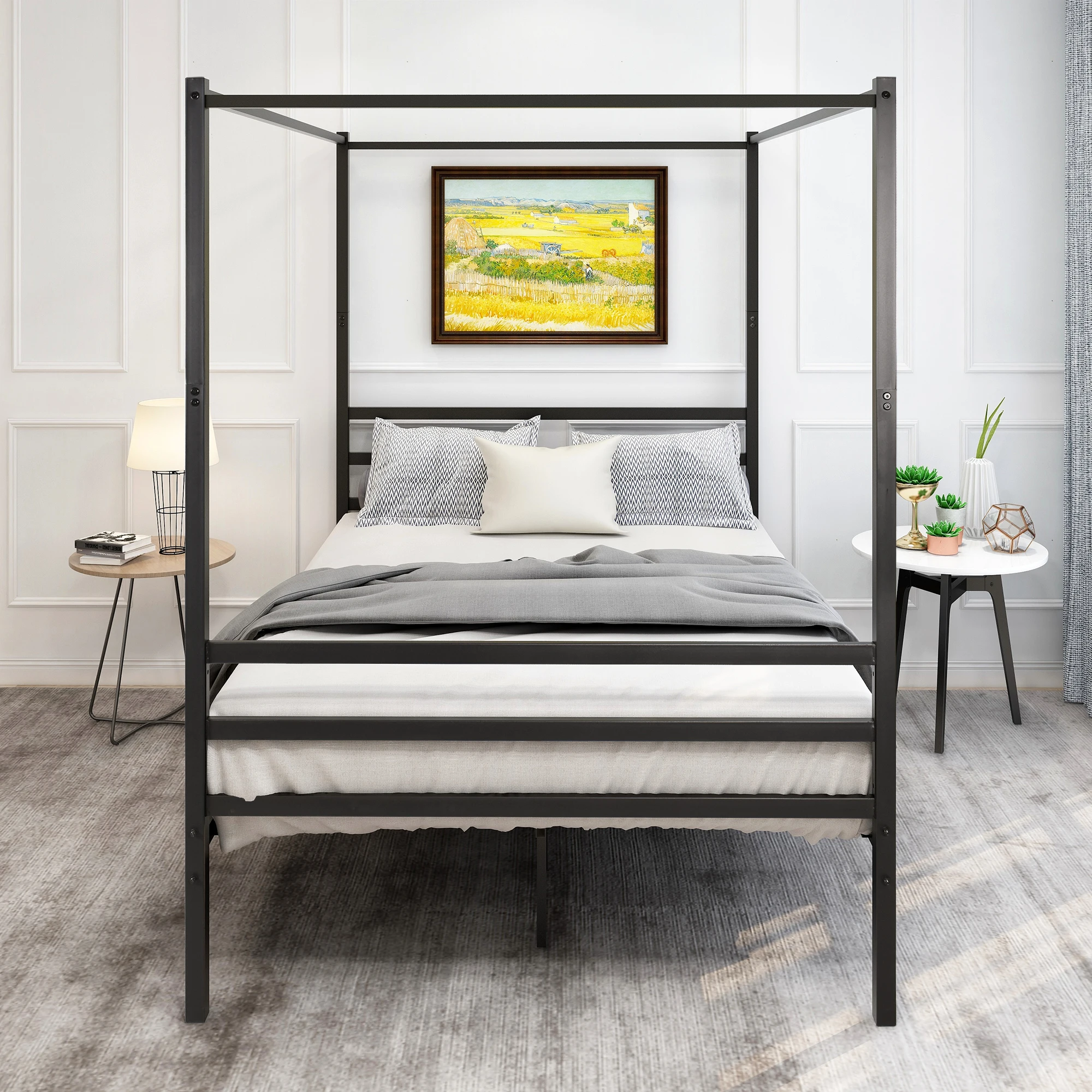 

Queen/Full/Twin Canopy Metal Bed with Headboard&Footboard Foundation Platform Frame Metal Slat Black Holds 450lbs Easy Assembly