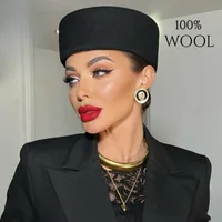 Vintage Hard Top Flat Fedoras Hats Women 100% Wool Felt Berets Hat Wedding Fascinator Caps Wedding Cocktail Party Pillbox Hat 1