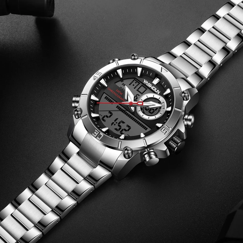 Men Military Sport Wrist Watch Gold Quartz Steel Waterproof Dual Display Male Clock Watches Relogio Masculino 9017