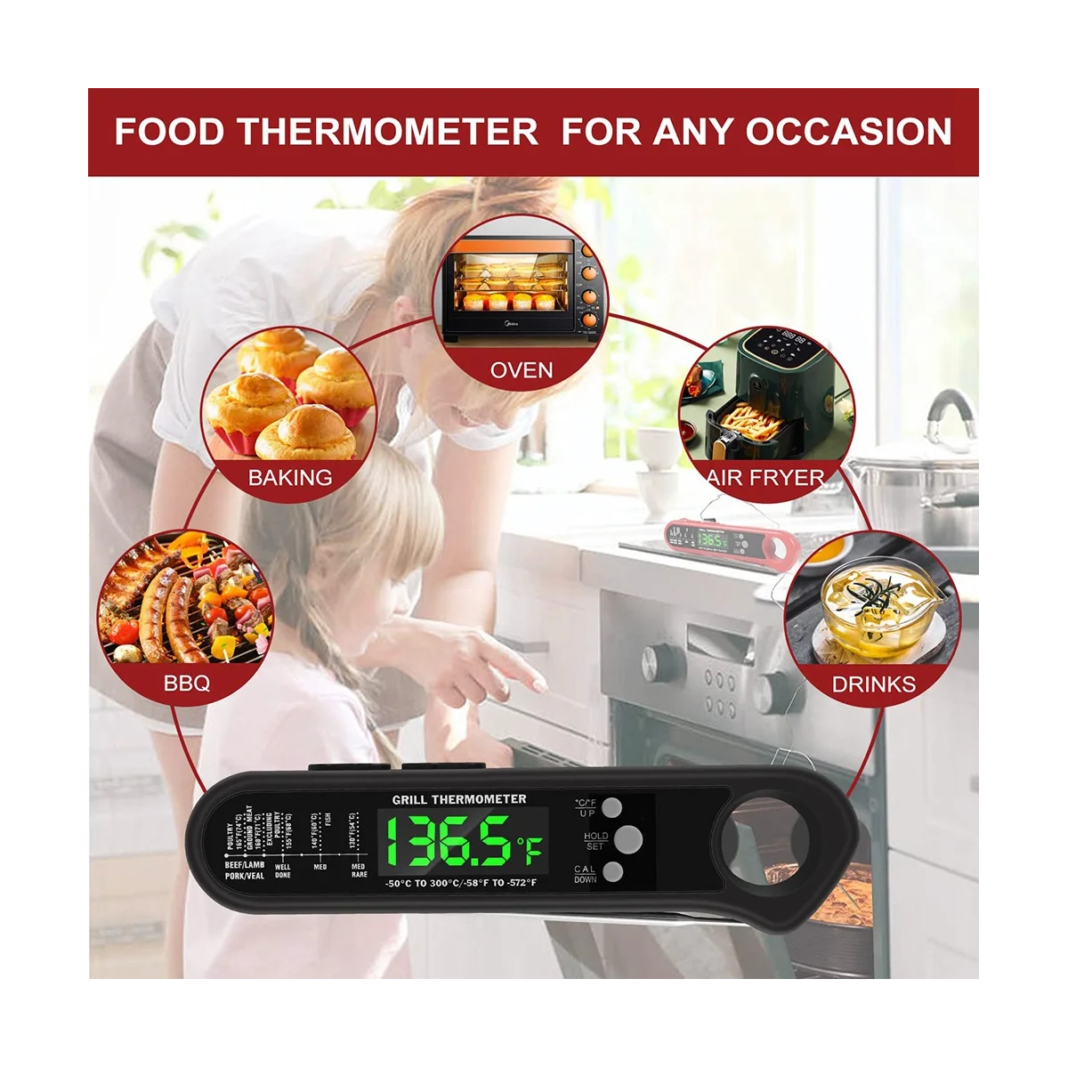 3 in 1 Digital Meat Thermometer, Instant Read Food Thermometer with 2  Detachable Wired Probe, Calibration, Alarm Function, LCD Backlight for  Grilling