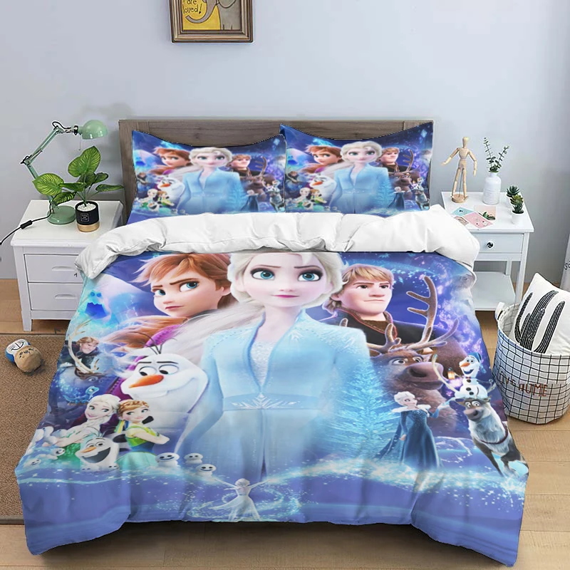 thumbnail image 1 of Juego de cama de tres piezas con estampado de dibujos animados de Disney Frozen Elsa y funda de almohada para niños o adultos, tamaño King, Queen, Full y Twin, 1 of 5