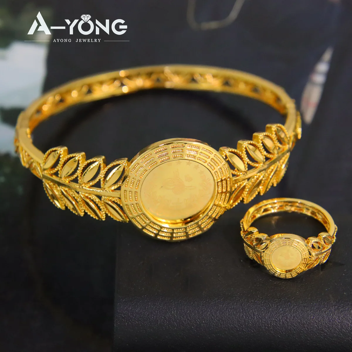 

AYONG Arab Coin Cuff Bangles Set 21k Gold Plated Flower Coins Pendant Dubai Elegant Luxury Bracelet Ring Turkish Bridal Jewelry