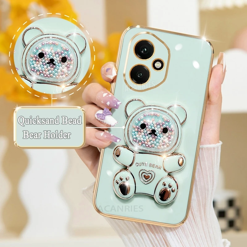 Cute Plating Quicksand Bear Holder Phone Case - Shockproof Silicone Stand Back Cover