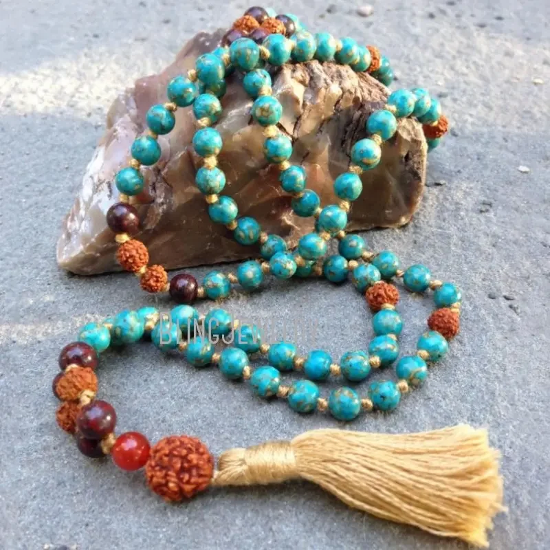 

Ручная вязка мозаика Бирюзовый Камень Rudraksha 108 женское ожерелье земляное богемное религиозное Исцеление