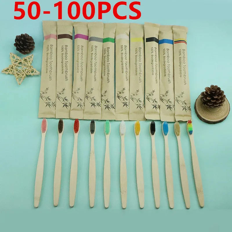 

50/100pcs Environmental Bamboo Charcoal Toothbrush Low Carbon Medium Soft Bristle Wood Handle Toothbrushes Tube Holder