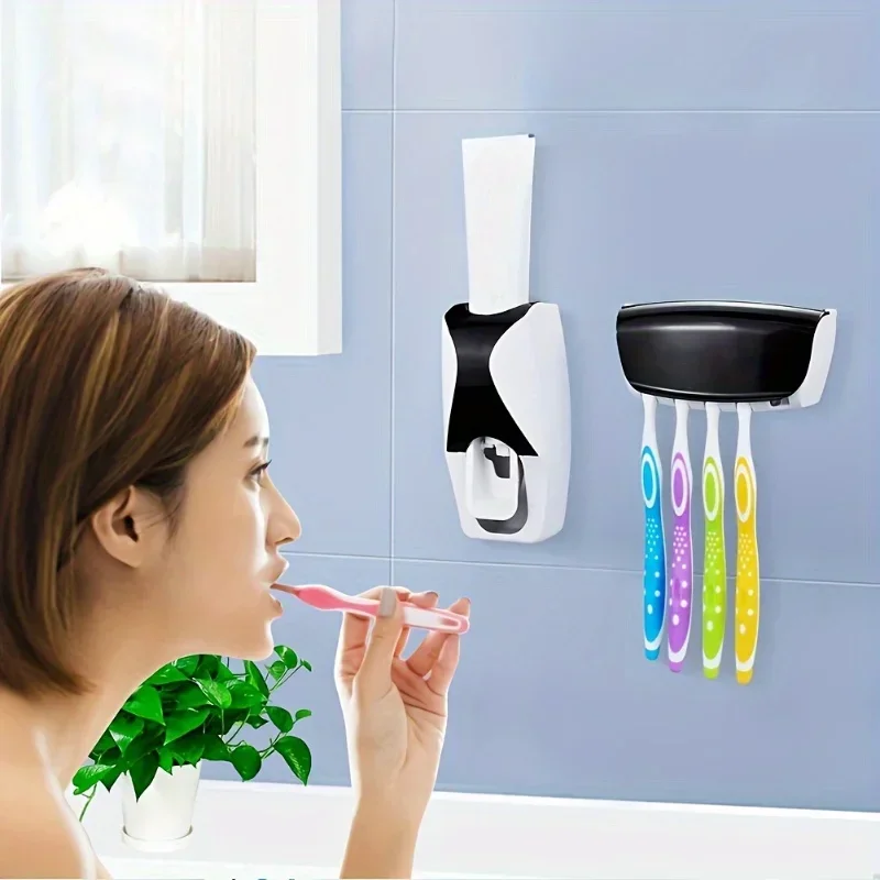 Toothbrush Holder With Automatic Toothpaste Dispenser Wall Mounted Toothbrush Storage Rack Bathroom Toothpaste Squeezer 1Set