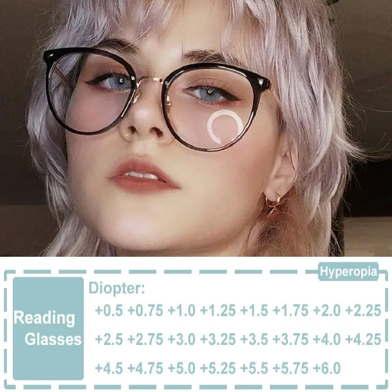 

Fashion Anti Blue Light Reading Glasses Frame Women Metal Round Optical Oversized Eyeglasses Prescription Presbyopia Eyeglasses