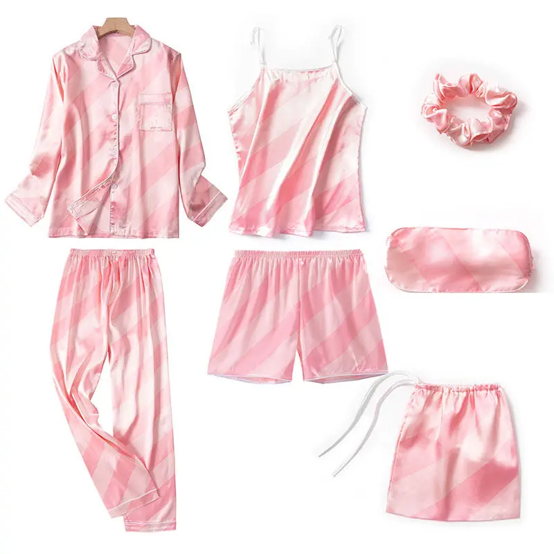 Autumn Spring 7 Pieces Set Silk Elegant Women Pajamas stripe Shorts Long Sleeve Tops Elastic Waist Pants Full Lounge Sleepwear