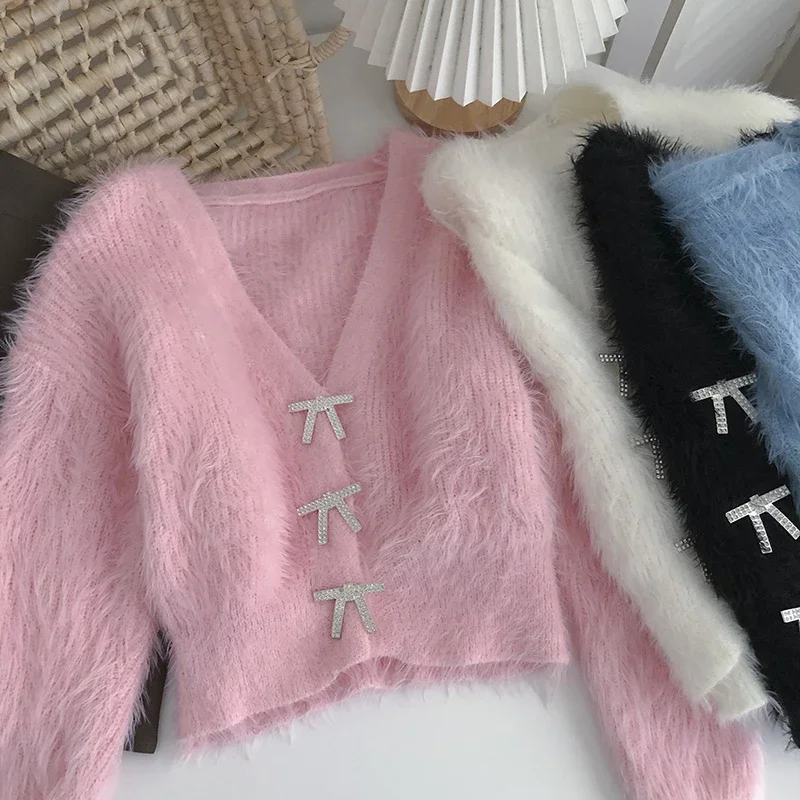 

Sweaters Women Jumpers Autumn Sweet Wild V Long Sleeve Pink Cardigan Short Mohair Coat Pull Gentle Waterproof Mink Rhinestone