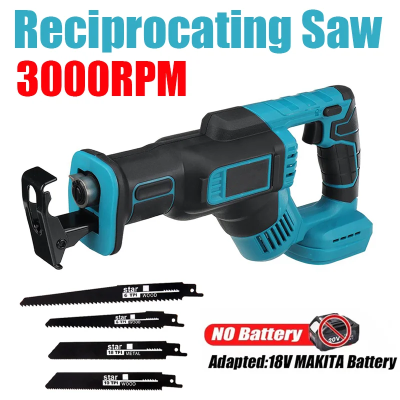 

3000RPM Cordless Reciprocating Saw Adjustable Speed Chainsaw Wood Metal PVC Pipe Cutting Bandsaw Power Tool Makita 18V Battery