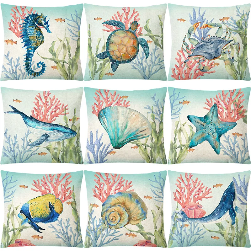 

Наволочка для подушки с морскими животными, чехол для дивана в гостиную, с рисунком морской черепахи, морского конька, Кита