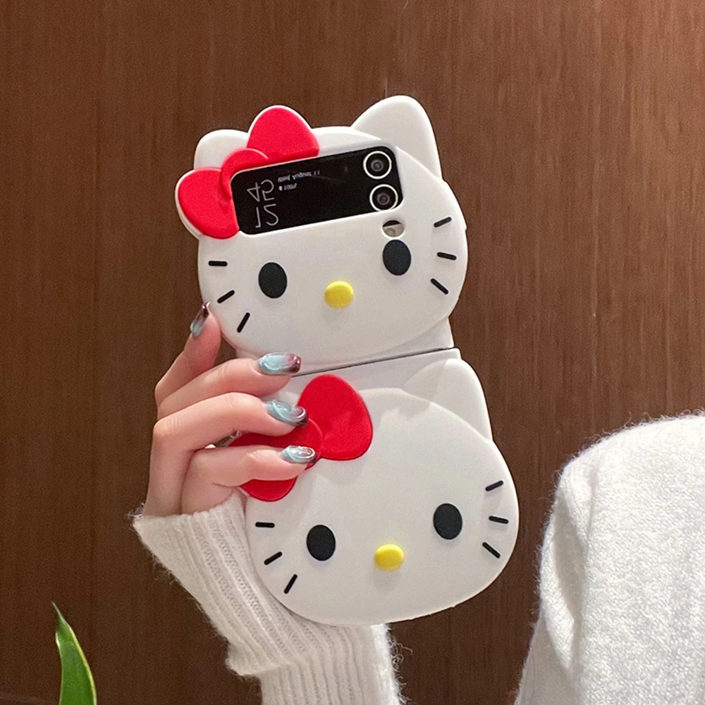 

3D Cartoon Stereoscopic Sanrio Hello Kitty with Lanyard Phone Case for Samsung Galaxy Z Flip 3 4 5 5G Soft Silica Gel Back Cover