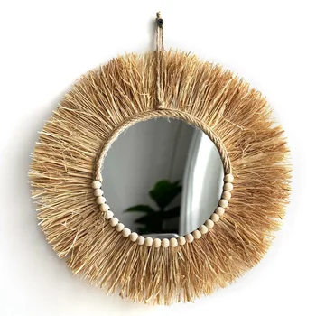 Specchio in rafia Boho fatto a mano da appendere alla parete, decorazione rustica Boho Circle, specchi acrilici con perline di legno, vivaio estetico della fattoria 1