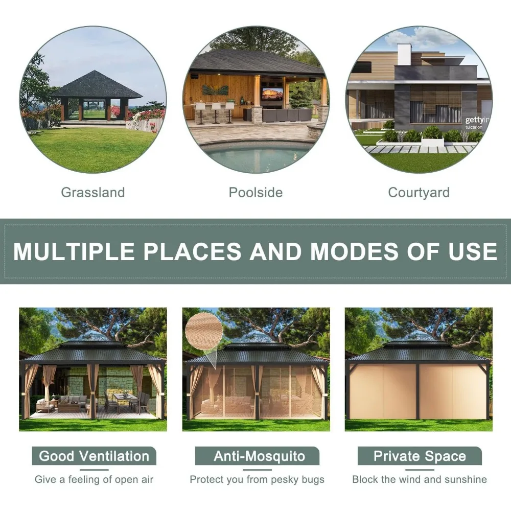 12'x20' Hardtop Metal Gazebo, Outdoor Galvanized Steel Double Roof Canopy, Aluminum Frame Permanent Pavilion 6