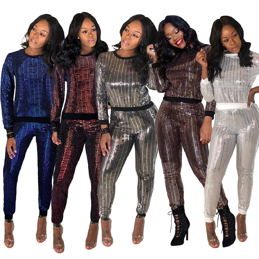 European and American nightclub women's fashion sexy sequins long sleeved women's set two-piece two piece sets womens outifits