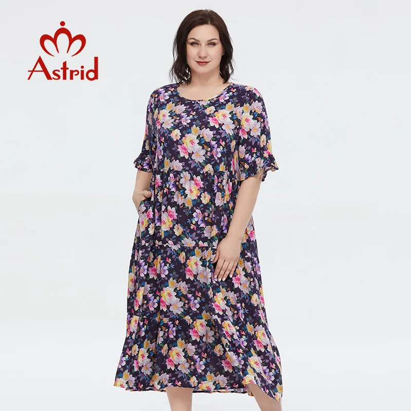 Astrid Women's Summer Dress 2023 for Women Loose A Line Casual Vintage Dress Oversize Office Flower Print Cotton Long Dresses