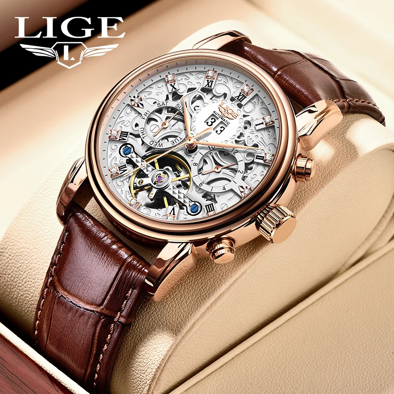 LIGE Mechanical Watches Business Fashion Luxury Leather Strap Tourbillon Automatic Watch for Men Waterproof Calendar Date Clocks
