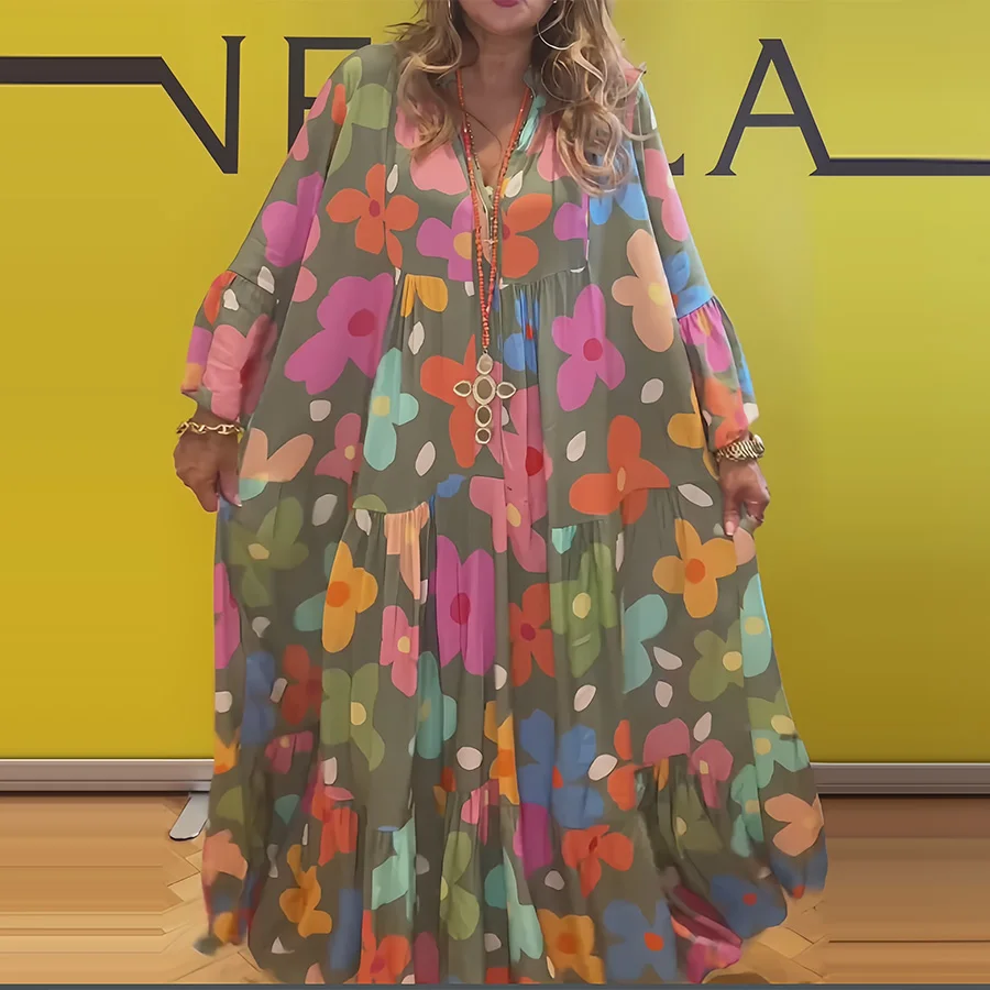 Nuovi abiti lunghi stampati larghi per le donne Abito maxi a maniche lunghe autunnale alla moda da donna Vestito estivo da vacanza al mare bohémien 3