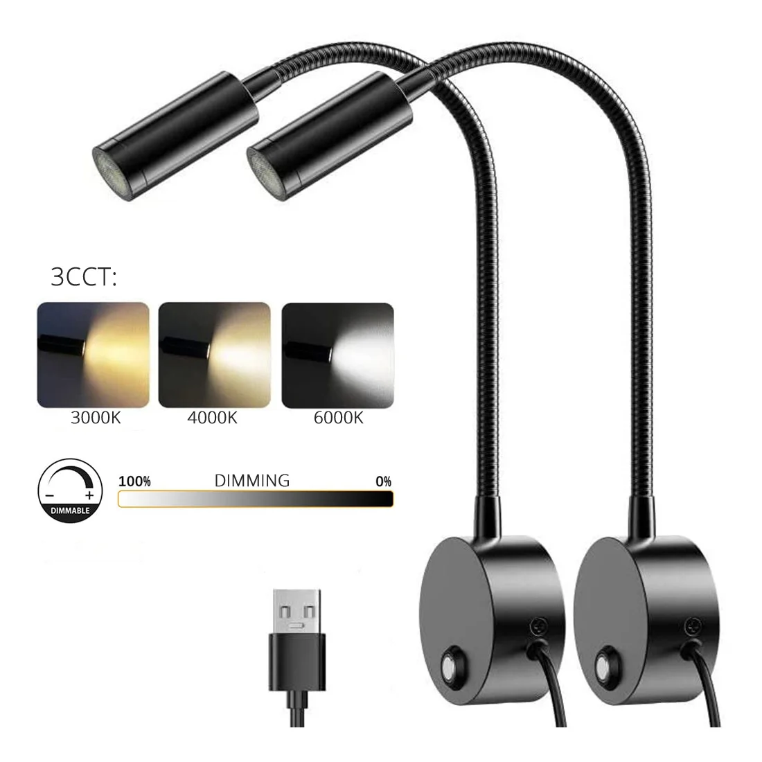 USB Bedside Wall Reading Lamp 2pcs 5V 3CCT Touch Dimming Longer 15" Gooseneck Read Working Study 3W LED Book Lights led light led wall lamp wall light led reading light