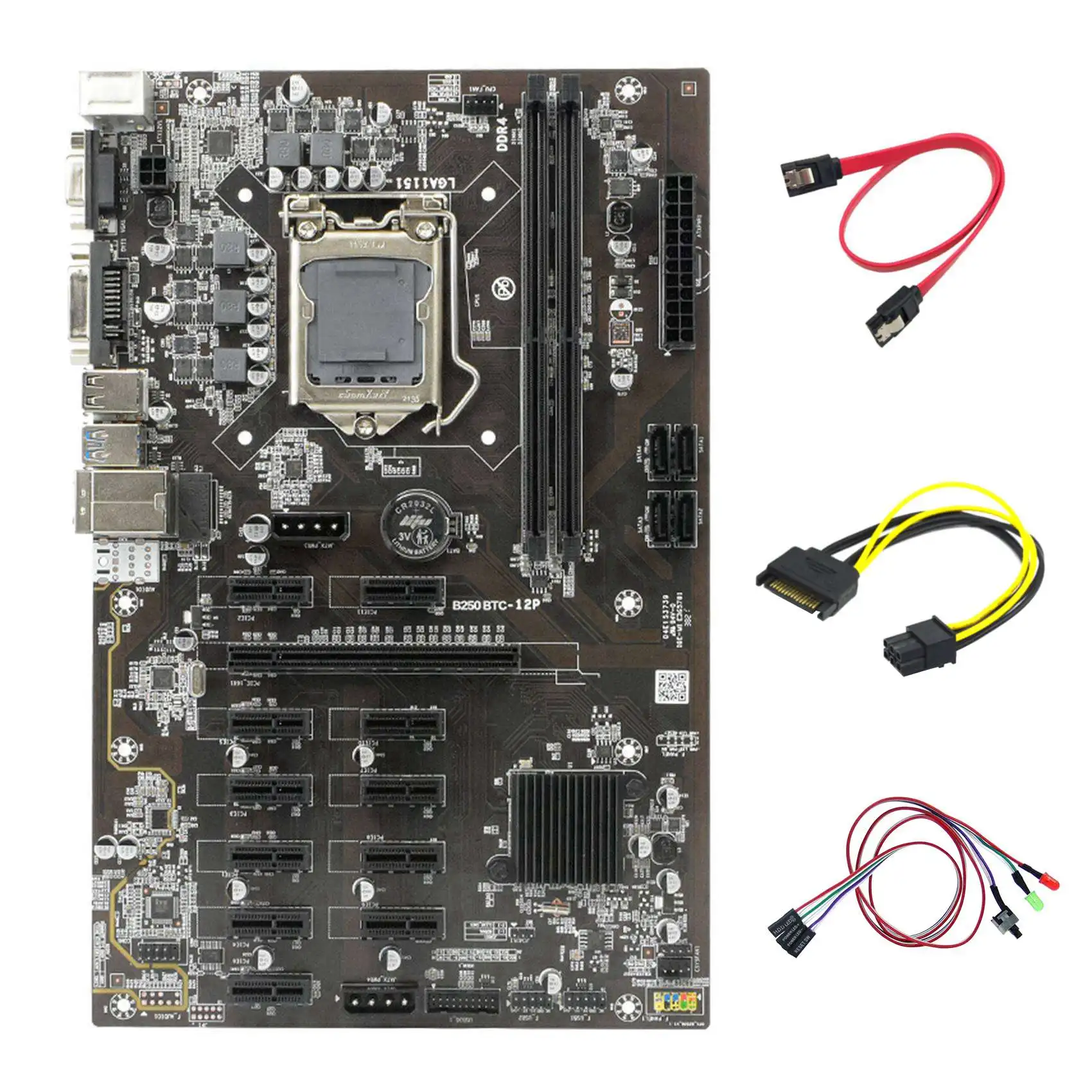 

B250 BTC Mining Motherboard with Switch Cable with Light+15Pin to 6Pin Cable+SATA Cable 12XGraphics Card Slot for BTC