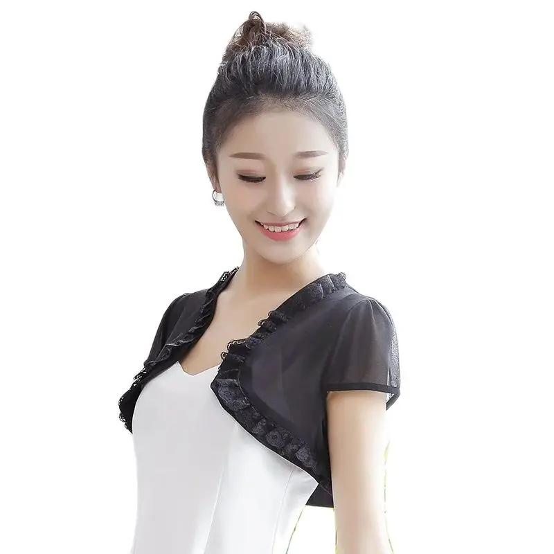 

Chiffon Wedding Jacket Shrugs For Women Bolero Prom Party Dress Bridal Cape Female Evening Shawl Black White Wrap Top Cover Up