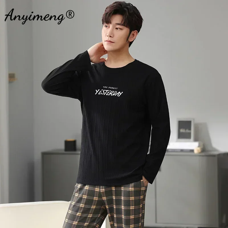 Big Size Men Pajamas Autumn Winter Chic Gentleman Pjs Fashion Mens Casual Sleepwear Plaid Pants Cotton Pijama Set for Pajama Sets