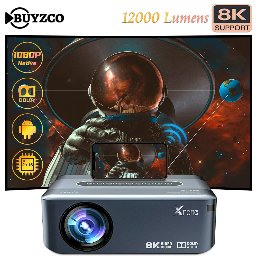 Buyzco X1 Projector Native1080P Support 4K 8K video 12000 Lumens LED 2+16GB Android 9.0 BT5.0 Dual Wifi Dolby Audio Home Beamer