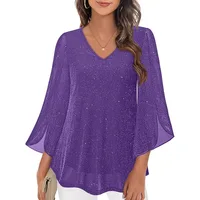Plus Size 1XL-5XL Women's Fashionable V-neck Casual Ruffle Edge 3/4 Sleeve Loose and Comfortable Shirt - Image 3