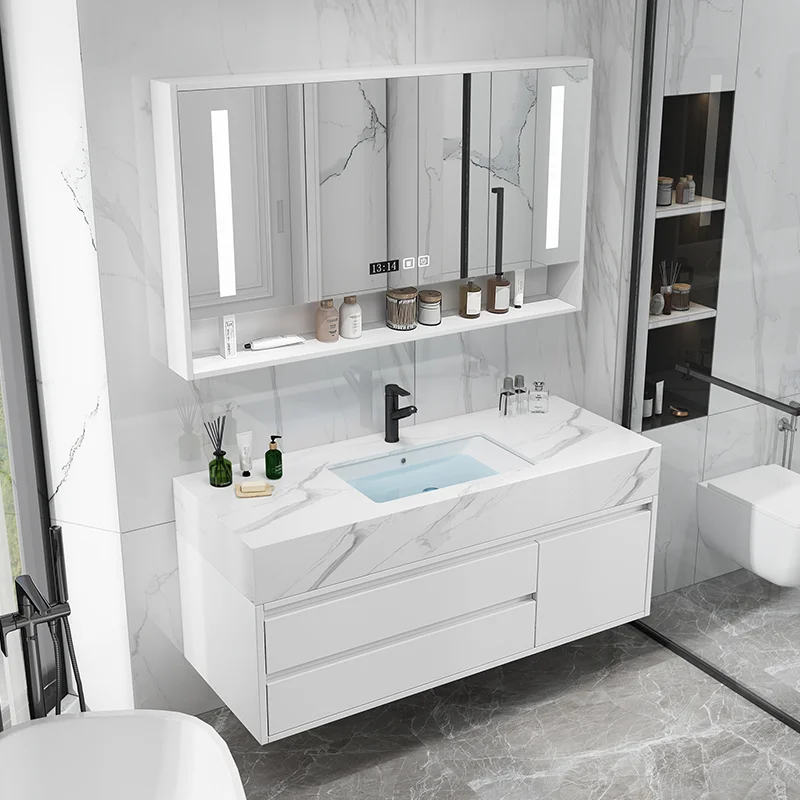 Waterproof Washroom Stainless Steel Wall-mounted Mirror Cabinet，Small Modern White Bathroom Storage Vanity Cabinets