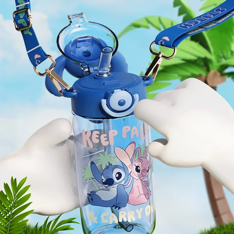 Disney Periphery stitck water bottles 650ML Large Plastic Cup Cartoon Animation Large Capacity Space Straw Cup Car Kid Gift