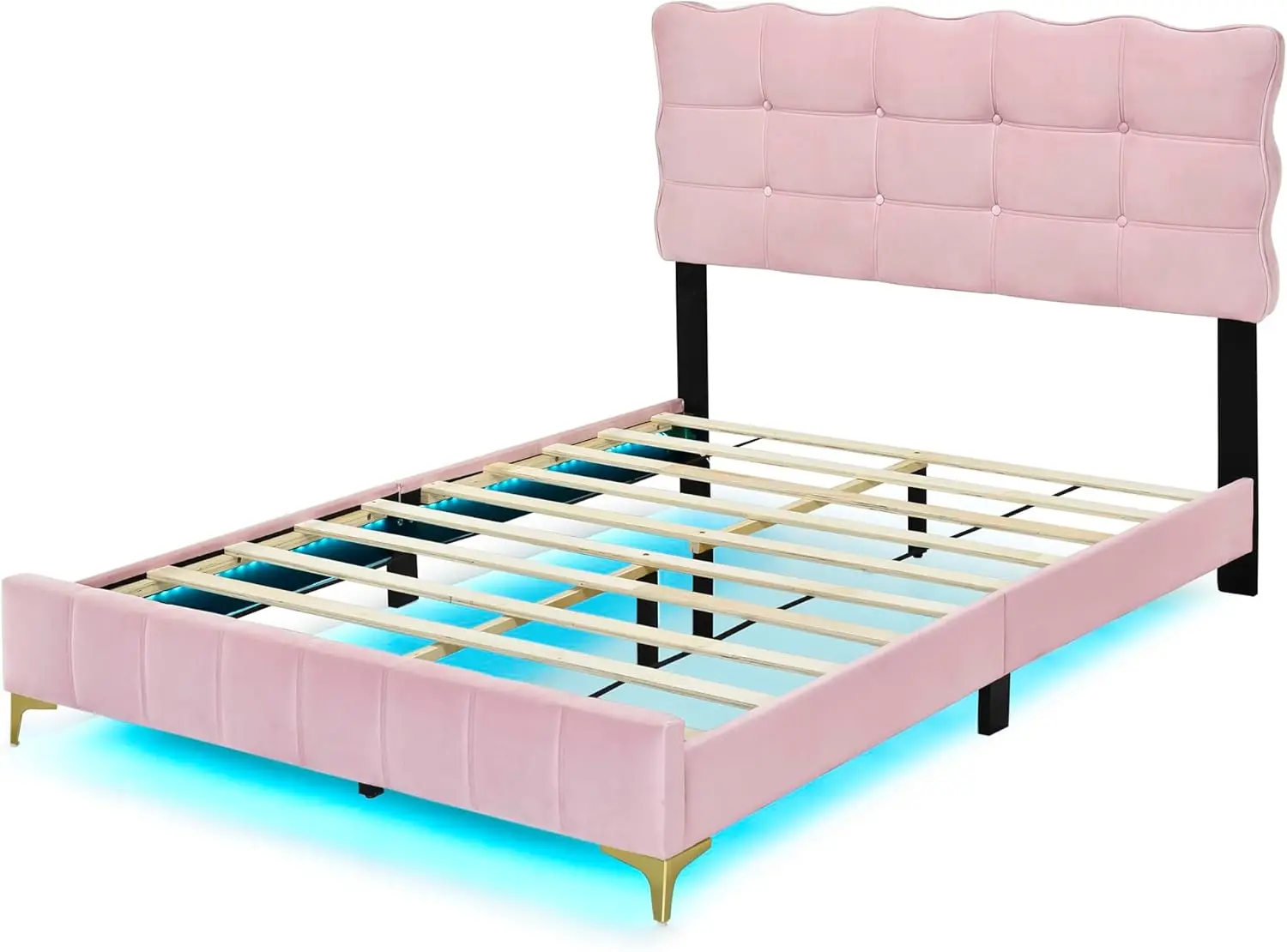 Full Size Velvet Platform Bed with Button Tufting Headboard, Wood Bed Frame with LED and Stylish Metal Bed Legs for Kids Boys 5