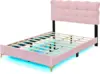 Full Size Velvet Platform Bed with Button Tufting Headboard, Wood Bed Frame with LED and Stylish Metal Bed Legs for Kids Boys 5