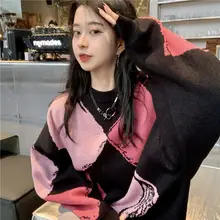

Color Matching Simple Korean Version Loose Wild Long-sleeved Cute Sweet Autumn and Winter New Diamond Knit Sweater Sweater