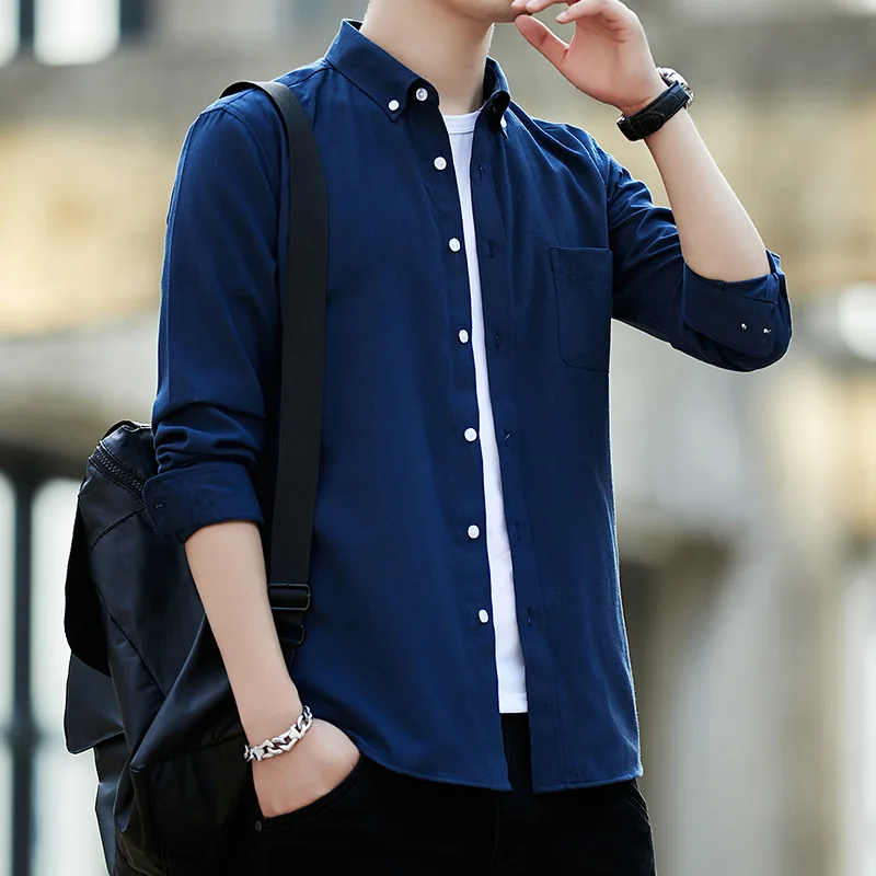 Joker Pure Cotton Men's Long Sleeved Shirt Solid Color Casual Trend High-end Shirt Men's Clothing Korean Version Slim Fit Shirt