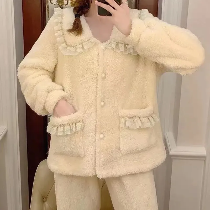 Thick Winter Flannel White Women Pajama Sets New Autumn Warm Coral Velvet Long Sleeve Pyjamas Sleepwear Girl Home Pijamas