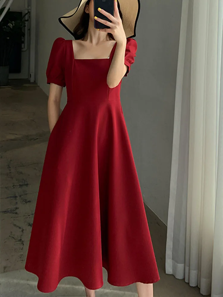 

Женское элегантное платье во французском стиле, модное однотонное платье с коротким рукавом-фонариком и квадратным вырезом, новинка весны-лета 2023