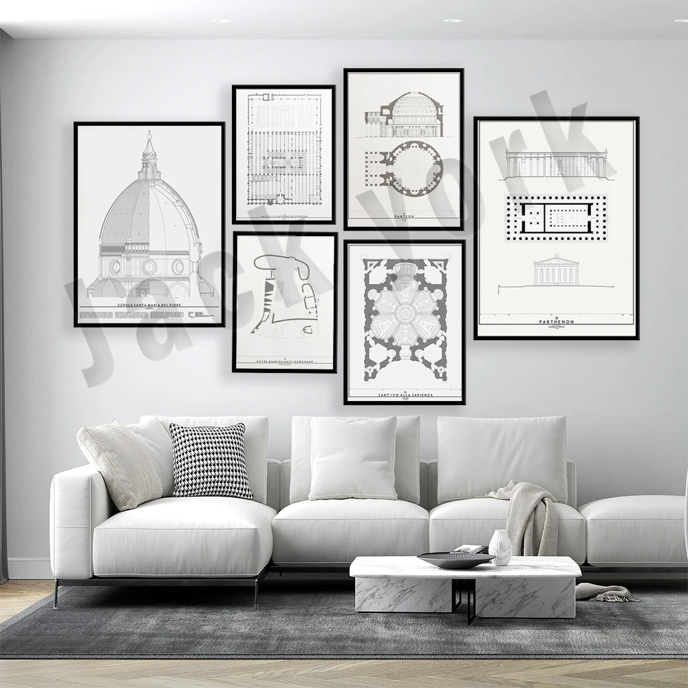 

Roman Temple, Islamic Mosque, Toledo Cathedral, Parthenon, Barcelona Pavilion, Longchamp Church, Architectural Blueprint Poster