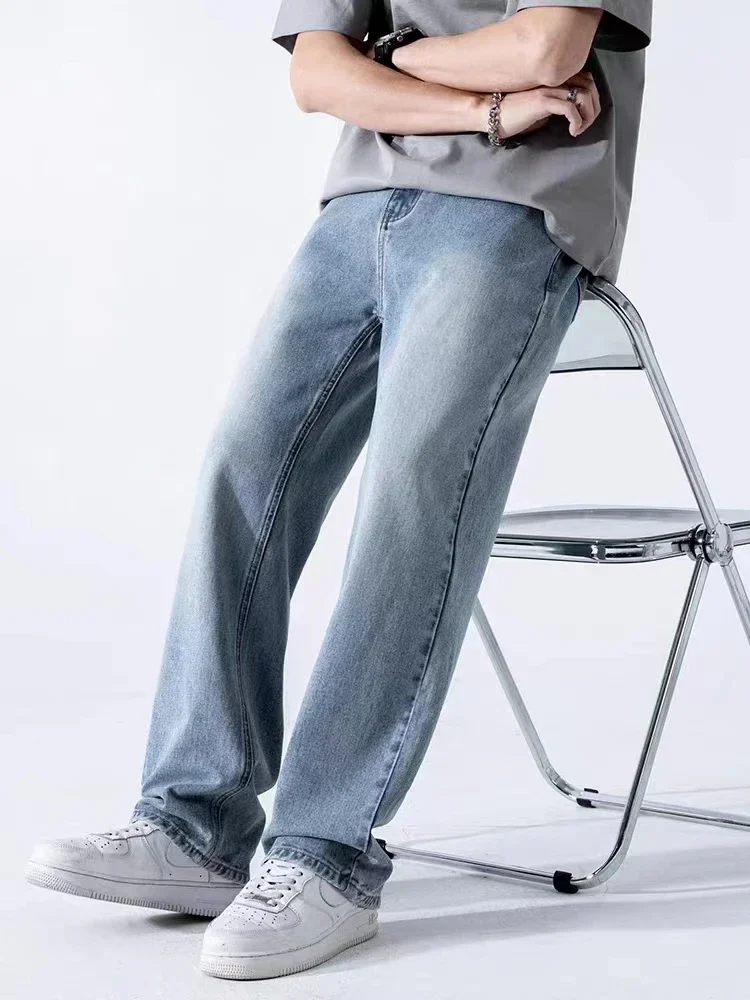 Spring Summer Men's Jeans Straight Denim Pants Elastic Waist Cotton Streetwear Male Wide Baggy Casual Blue Trousers 6