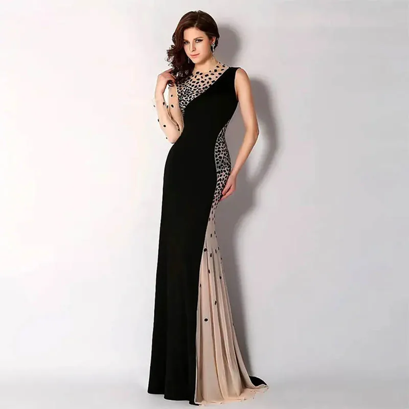 

New Arrival Graceful Black Naked Evening Dresses One Shoulder Long Sleeves Mermaid Contrast Prom Gowns vestidos de gala