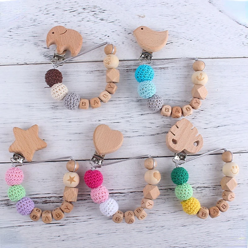 Nome Personalizzato Clip Per Ciuccio Per Bambini Star Bird Wood Dummy Nipples Holder Clip Chain Giocattoli Per La Dentizione Accessori Per L'Alimentaz