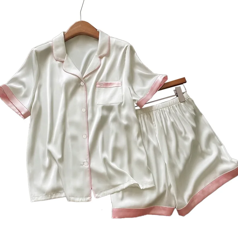 Ling Sweet Summer Girl's Pjs Ice Silk 2 Pcs Homewear Fashion Pajama Short Thin Pajamas for Women Silk Home Set Simple Casual