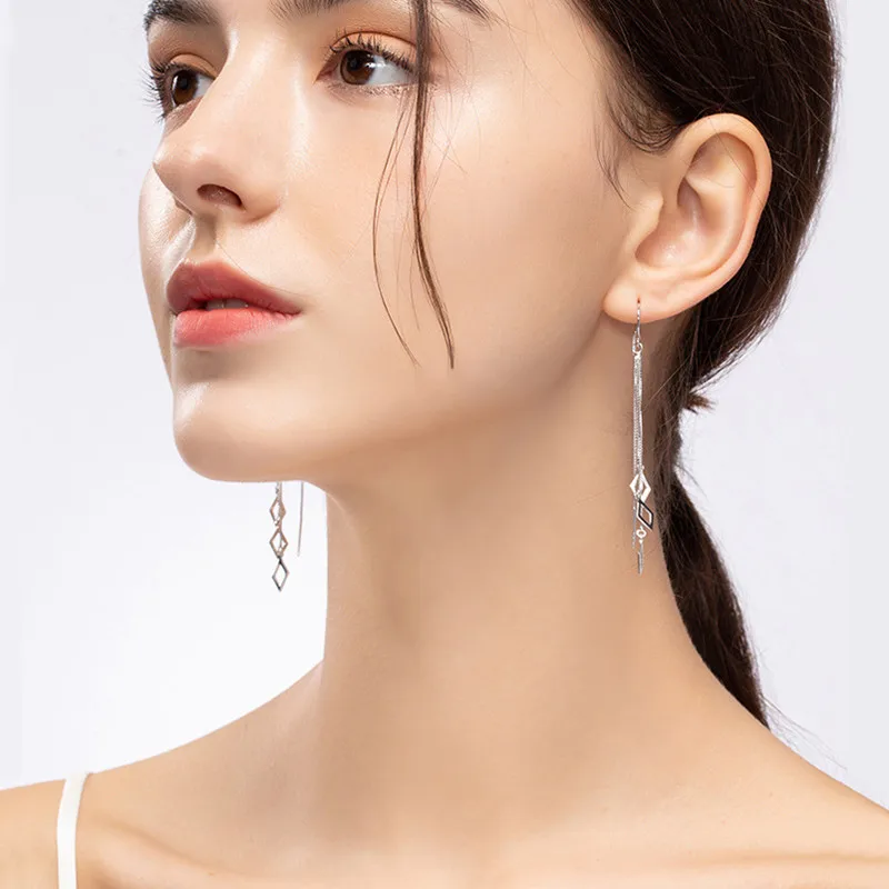 Dangle Earrings Long Earrings Crystal Tassel Earrings CIAXY Silver Color Geometric Rhombus Tassel Long Ear Line Earrings for Women